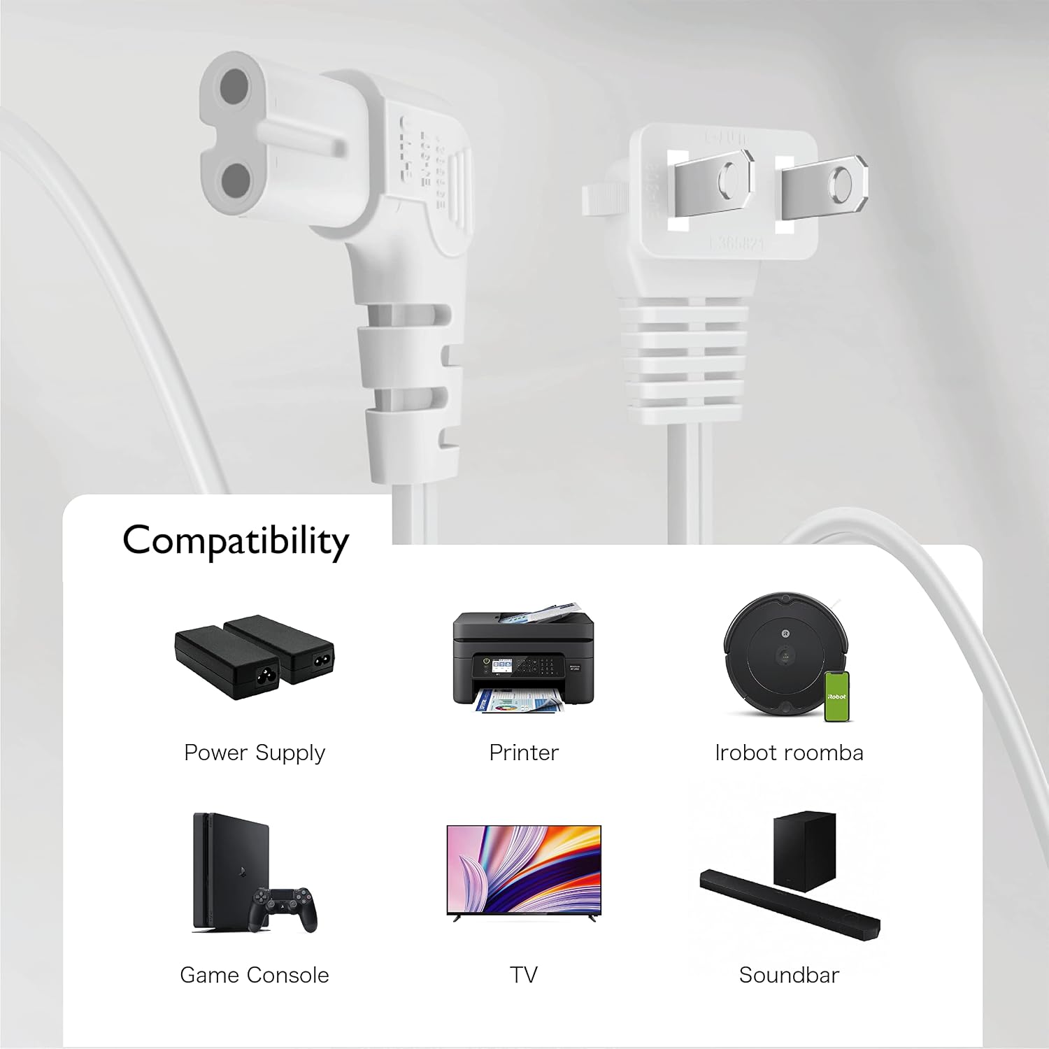 TNP 2 Prong Power Cord NEMA 1-15P to IEC320 C7 Right Angle Power Cable Replacement for PS5 & PS4, Power Cord for Xbox Series S/X, Xbox One S/X, Printers, LG, Samsung, TCL, Apple TV, 10 ft, White