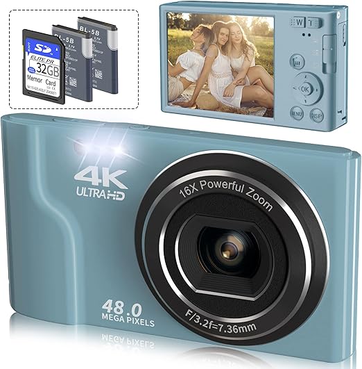 saneen digital camera 4k kids camera with 32gb sd card and 2 rechargeable batteries 48mp 16x digital zoom compact point and shoot photography came