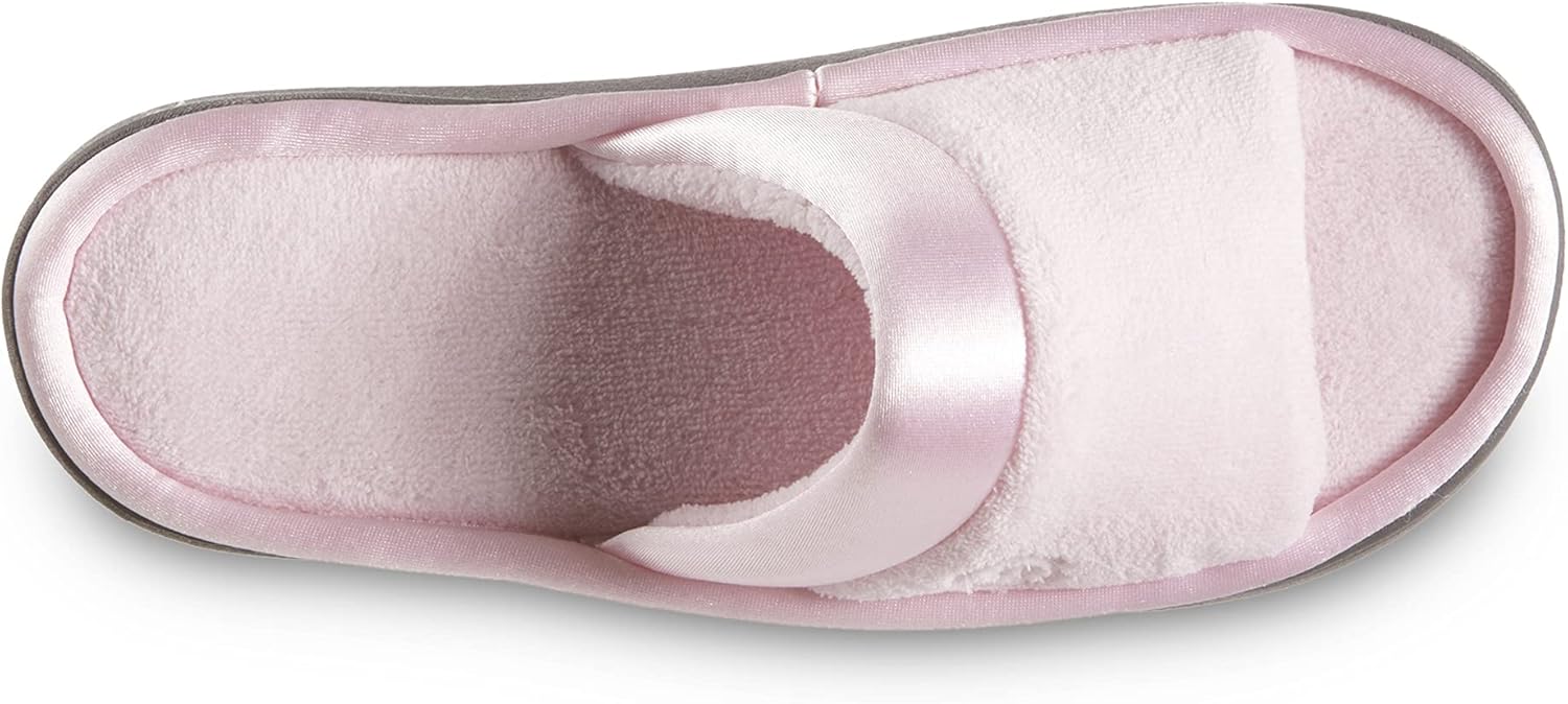 isotoner Women's Soft Microterry Wider Width Slide Slippers, with Satin Trim and Comfort Footbed 8.5-9 Wide Peony