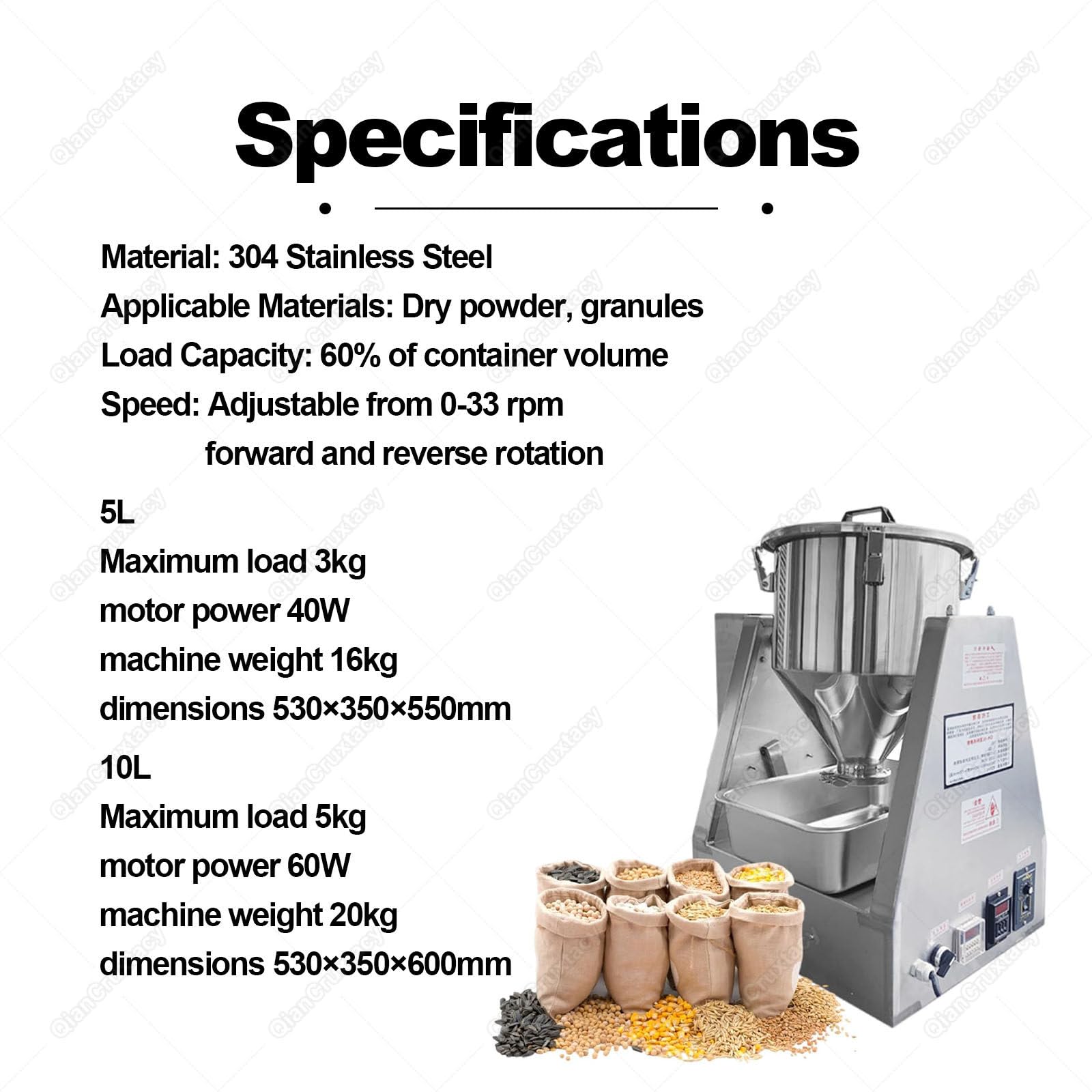 Mezcladora de Tambor en Acero Inoxidable 304 para Polvos y Gránulos, Aplicaciones Industriales y de Laboratorio, Grado Alimentario, Operación Sencilla y Limpieza Rápida sin Esfuerzo 10L