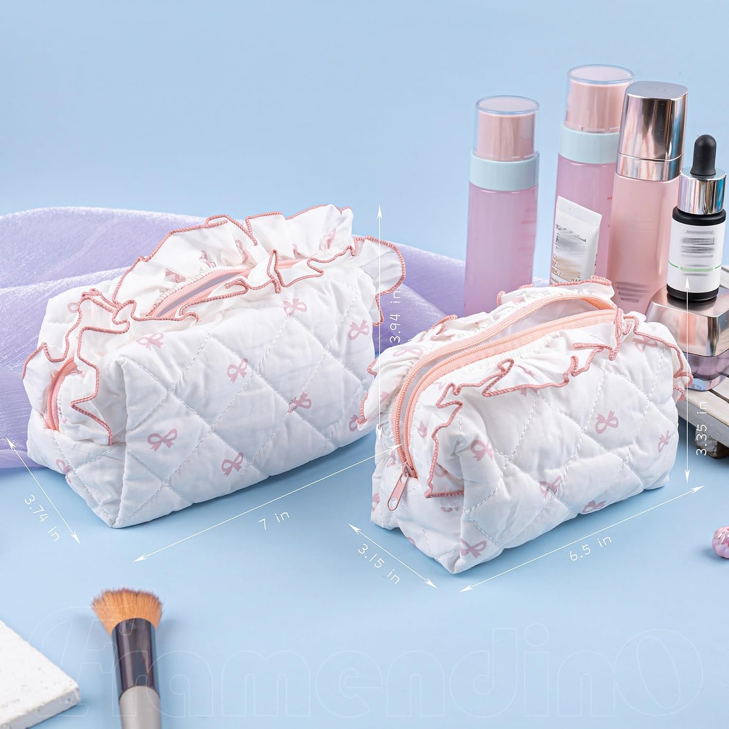 Framendino, 3 Pack Pink Bow Quilted Makeup Bag Coquette Aesthetic Ruffles Cosmetics Pouch Bowknot Cotton Travel Toiletry Bags for Women image 2