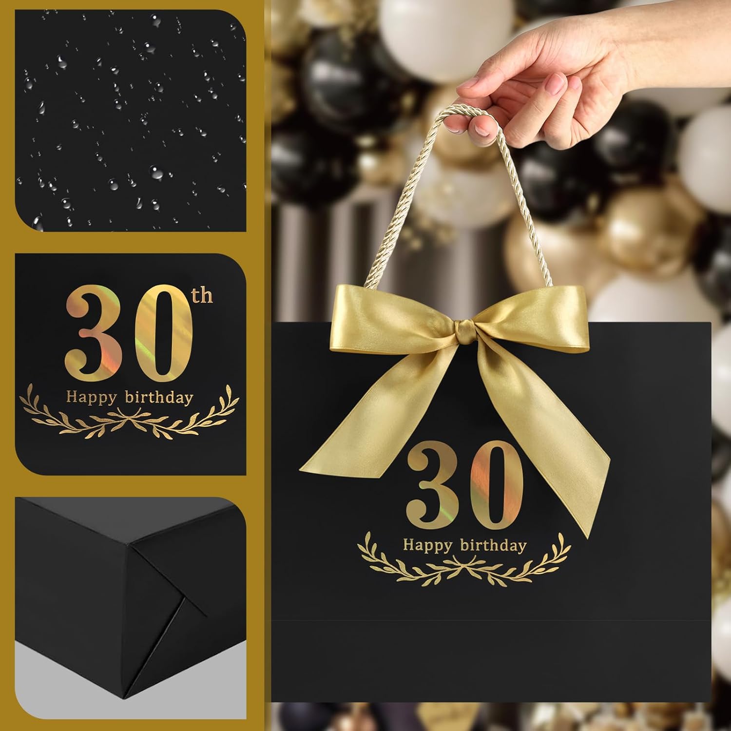 JMANNI Black Gold 30th Birthday Gift Bag with Card and Tissue Paper, 12.6"×9.84"×3.9" Elegant Present Bag for Adults, 30 Year Old Birthday Keepsake Party Supplies - Image 5