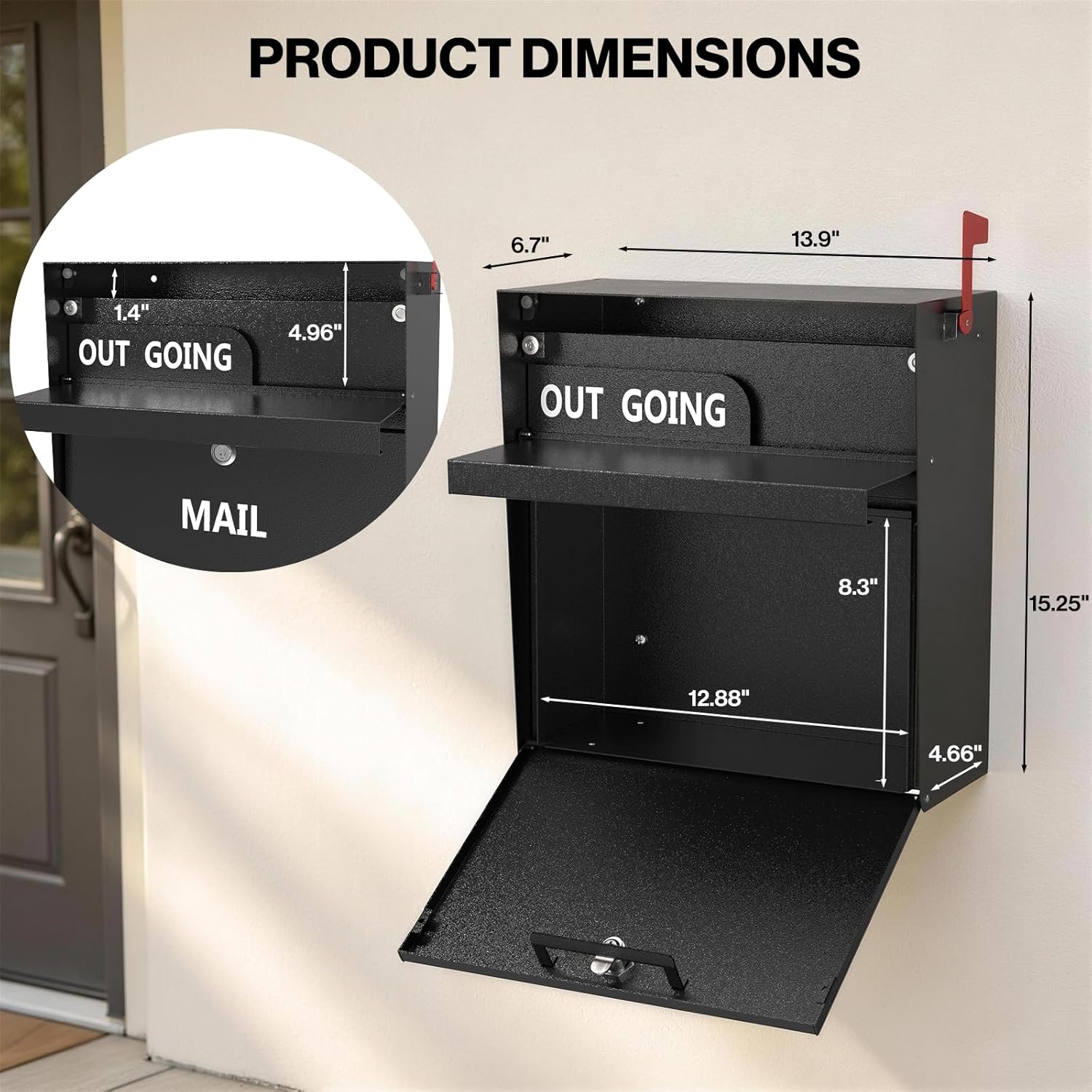 Pochar Rainproof Wall Mount Mailbox for Outside - Locking Galvanized Steel Mail Box with Outgoing Mail Flag - Morden Mailbox for House Office Apartment - Outdoor Mailboxes with Lock & Key (Black)