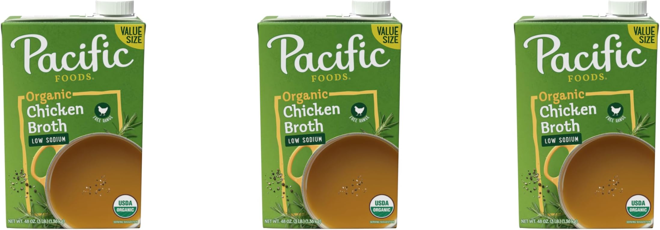 Pacific Foods Low Sodium Organic Free Range Chicken Broth, 48 oz Carton (Pack of 3)