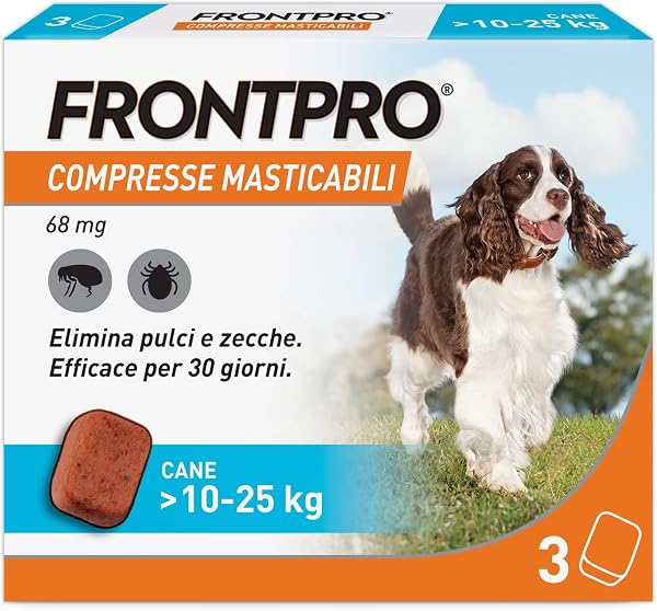 FRONTPRO 3 Compresse Masticabili Antiparassitario per Cani di Peso > 10-25 kg Protegge da Pulci e Zecche, Antipulci in Confezione da 3 Compresse da 68 mg di Afoxolaner, 10kg-25kg - 1