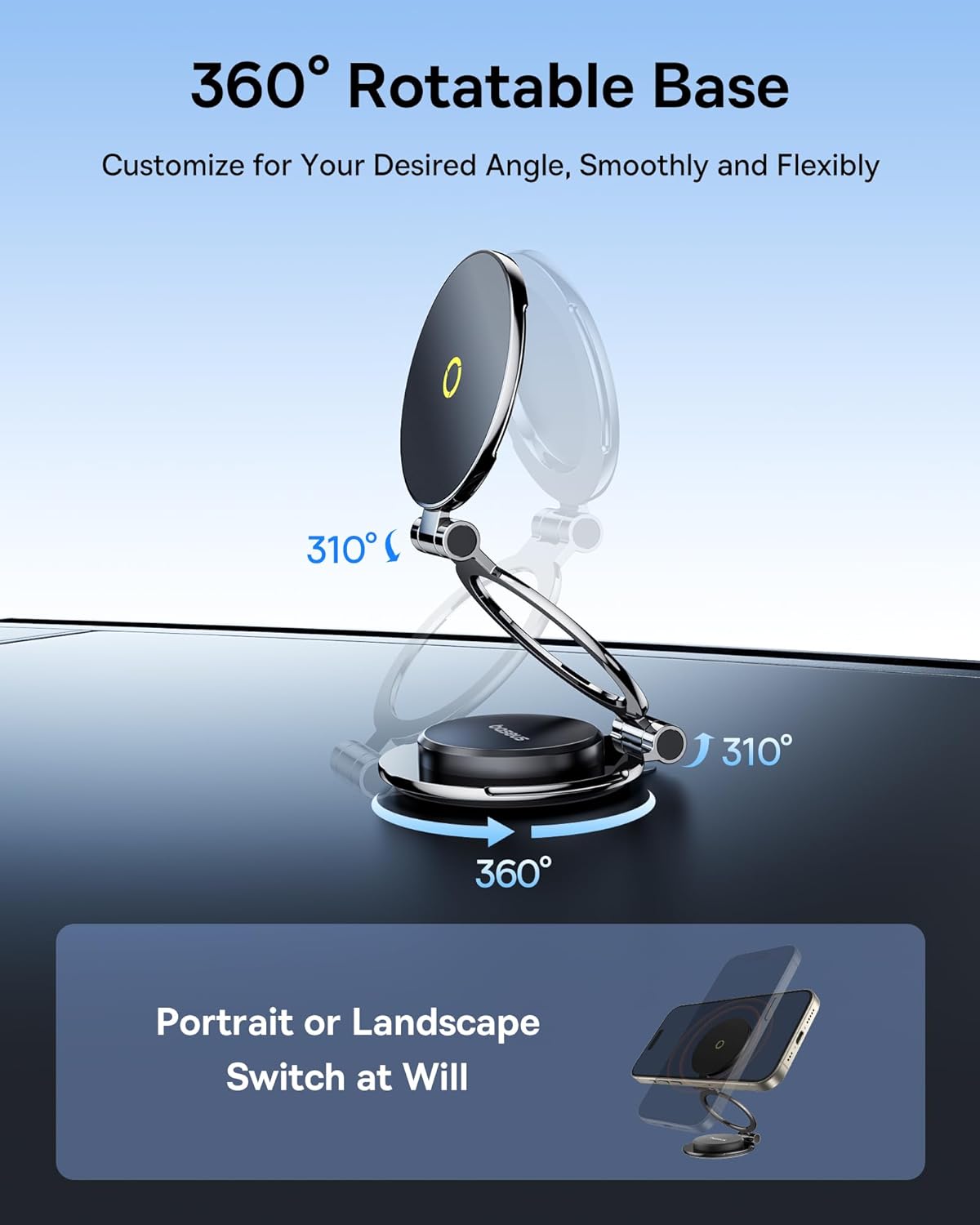 The Baseus MagPro II car mount with its 360-degree rotatable base and adjustable angles.