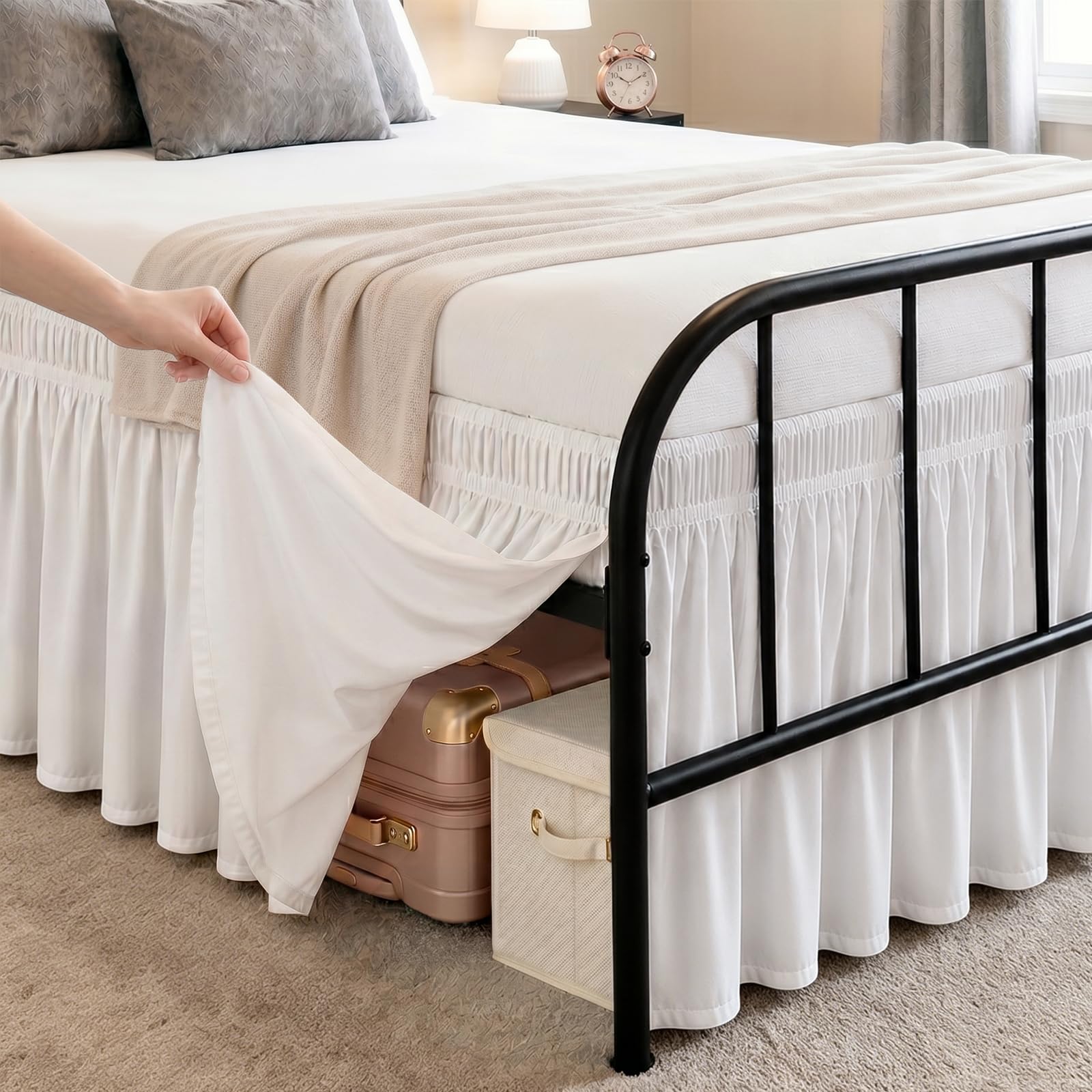 RIMELA White Bed Skirts with Split Corners Queen Size 18 Inch Drop,Elastic Bed Skirting Wrap Around, Easy Install Dust Ruffles Soft Fabric Machine Washable, Bedroom Decor