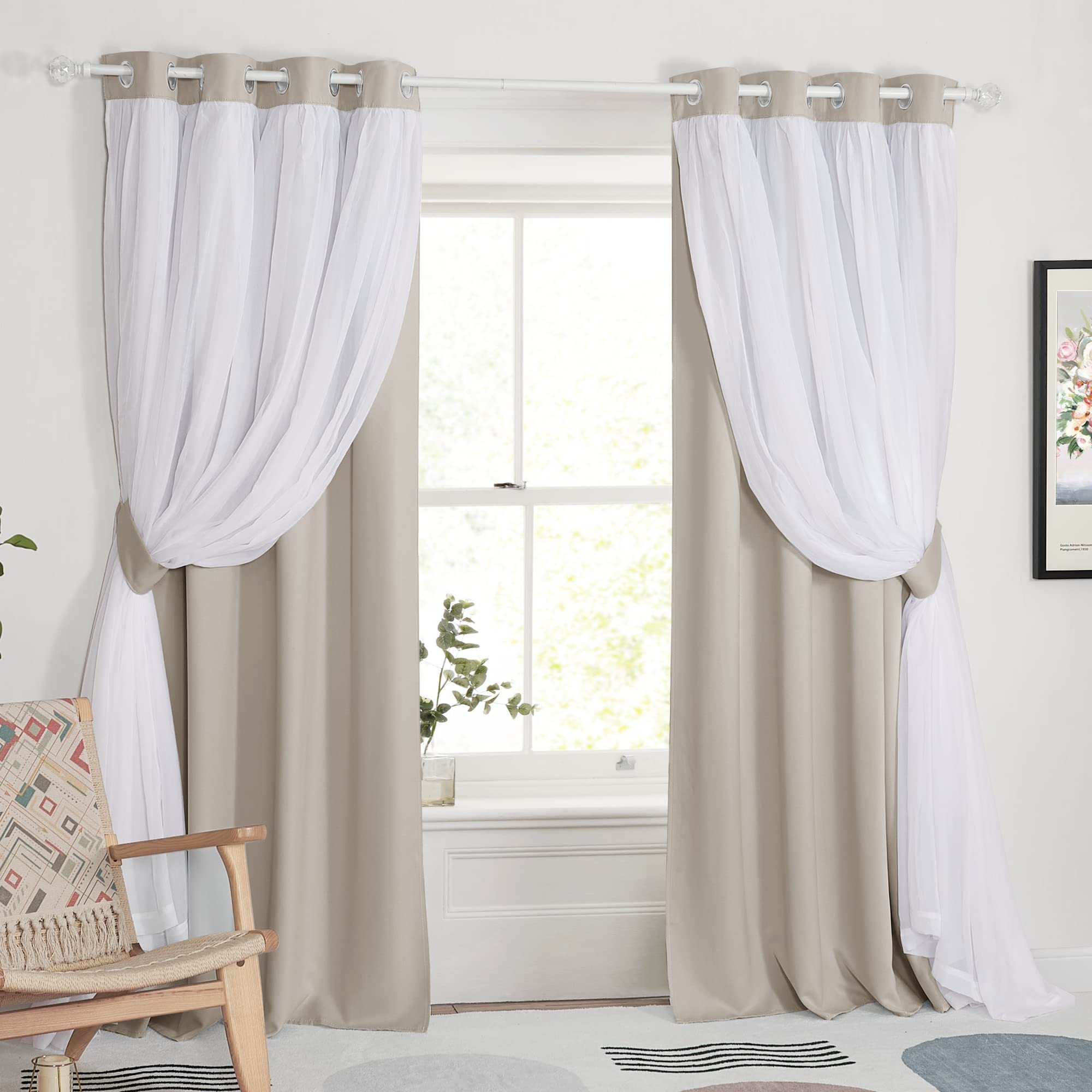 PONY DANCE 2 Layers Curtains Set - Room Darkening Mix & Match Room Darkening Curtains with White Sheer Voile, 52" Wide and 84" Long,Cream, 2 Panels
