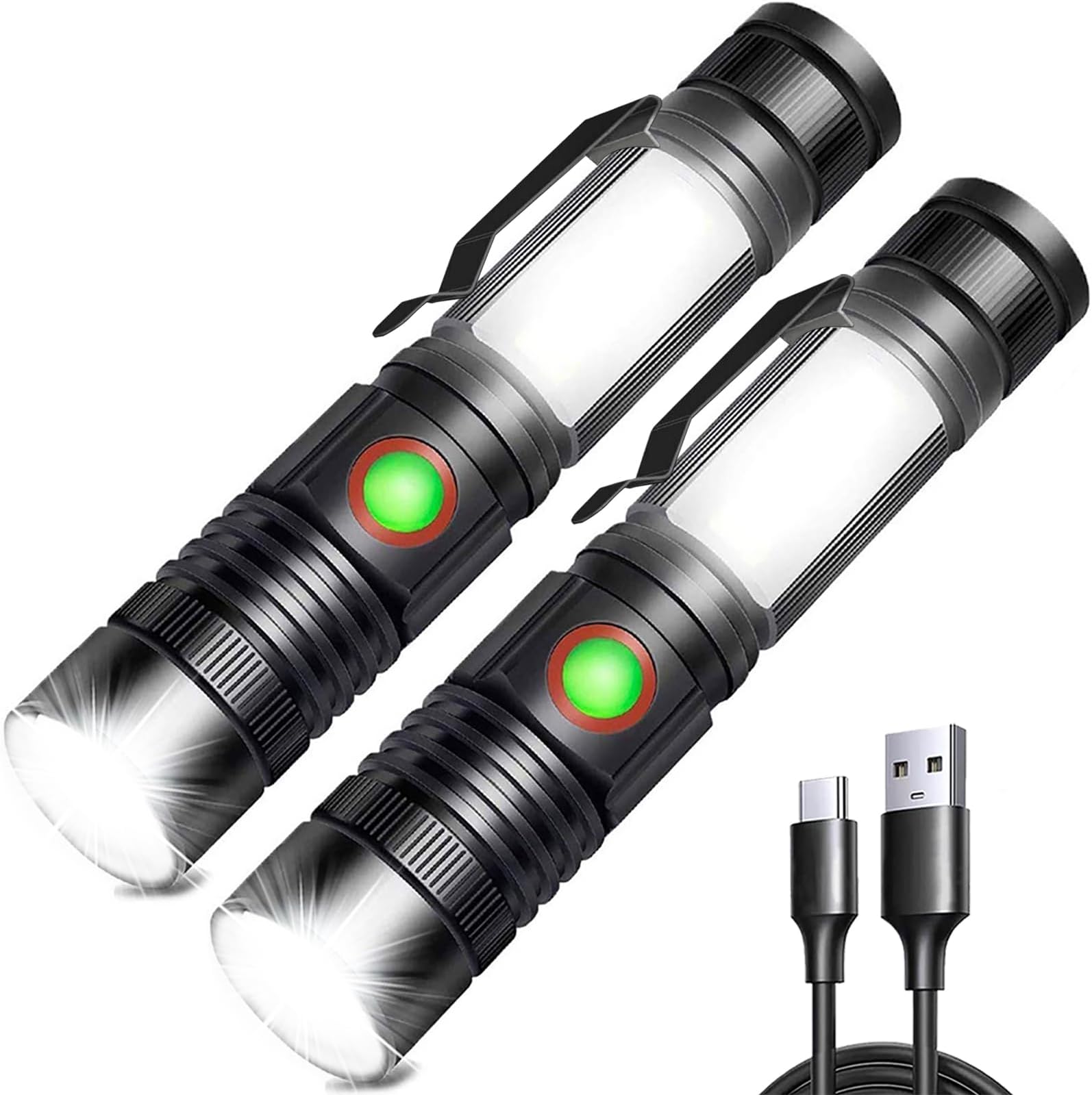 REHKITTZ Torch LED 2000 Lumen Super Bright,2500 mAh High Capacity Rechargeable Pocket Size Torches with Magnet and COB Work Light,Powerful Flashlight for Hiking, Camping, and Walking(2 Pack)