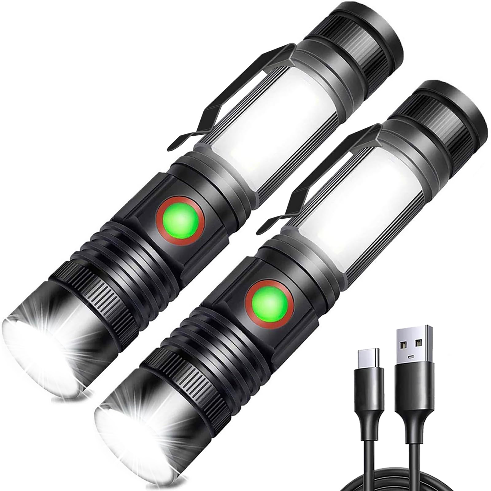 REHKITTZ LED Taschenlampe Extrem Hell 2000 Lumen, 2500 mAh Hochkapazitative Wiederaufladbare Multifunktions Taschenformat Taschenlampe mit Magnet und COB Arbeitsleuchte,Zoombar Handlampe(2 Stück)