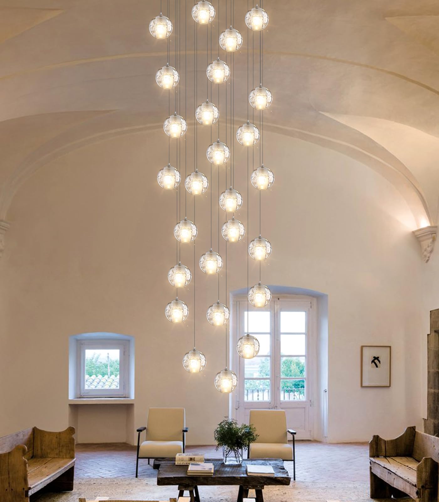 26-Lights Large Chandelier Modern 14 Feet Long Lights for Living Foyer Entryway Staircase Sloped High Ceiling Spiral Pendant Lighting Bubble Crystal Warm Light, Gold