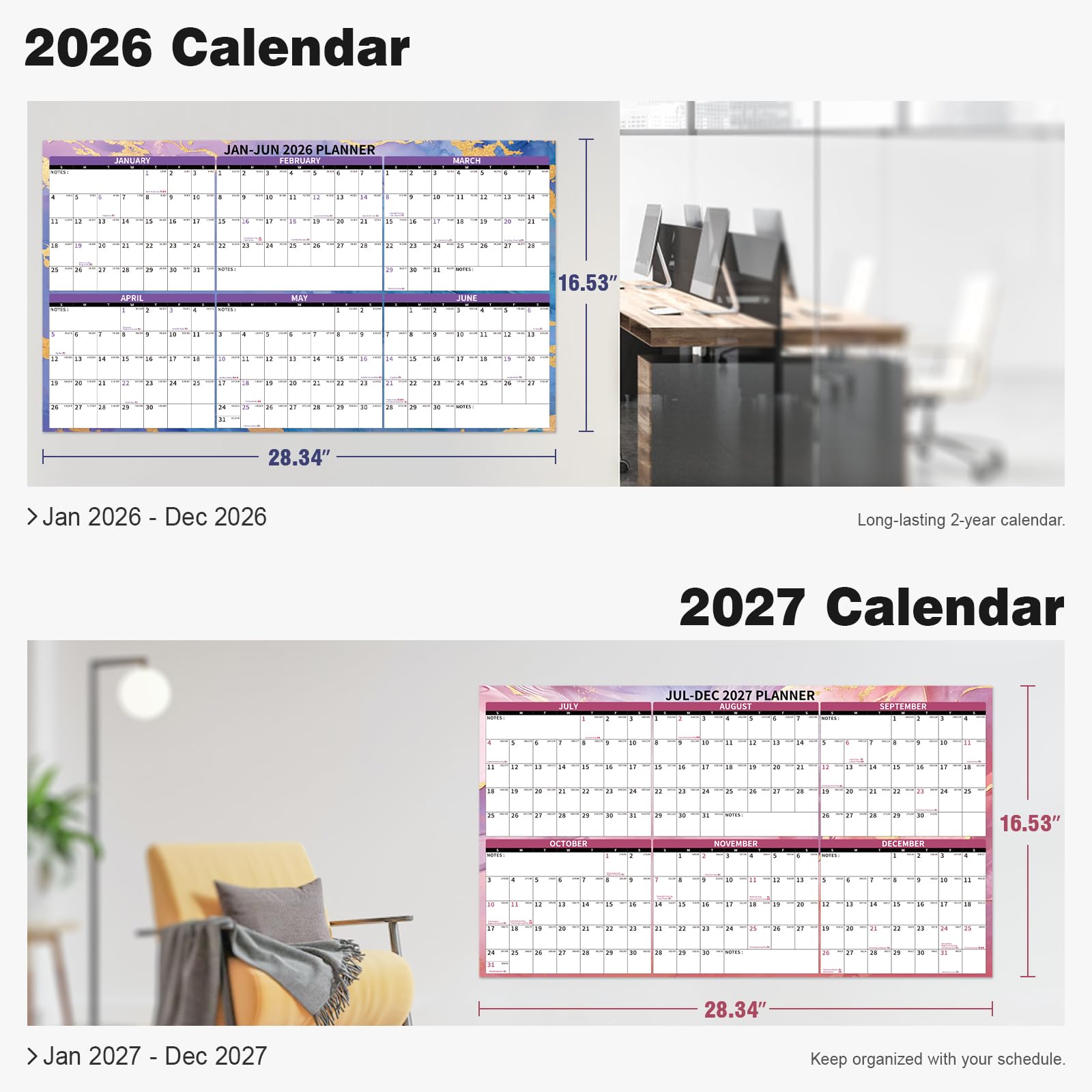 Ospelelf Großer 81,3 x 121,9 cm trocken abwischbarer Wandkalender 2026–2027 – 2 Jahre laminierter Familienkalender für Büro, Januar 2026–Dezember 2027 (Marmor)