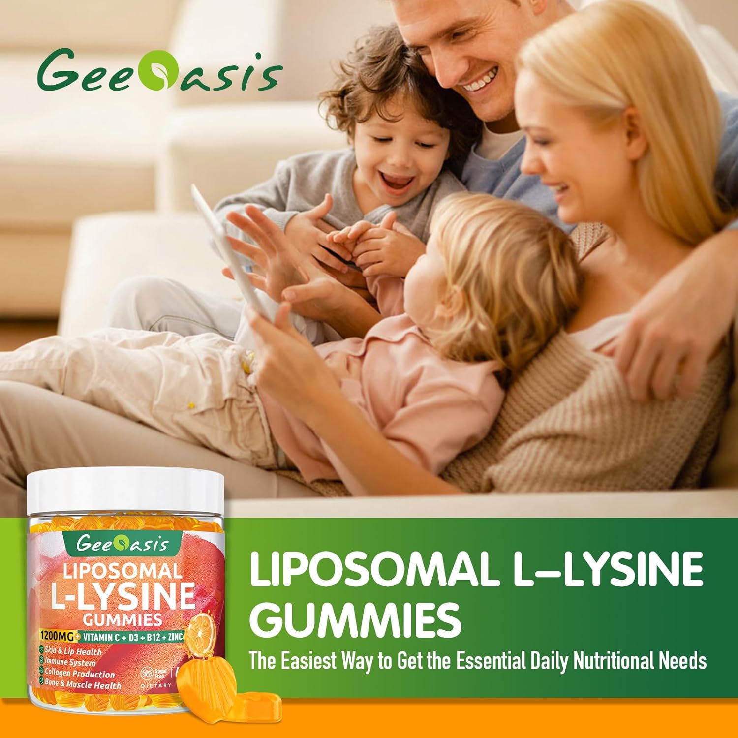 Liposomal L-lysine Gummies 1200mg, Lysine Chewable Supplement with Vitamin C, D3, B12 & Zinc for Adults & Kids, Immune & Collagen Support, Lips & Skin Health, Vegan, Natural Fruit Flavor, 60CT