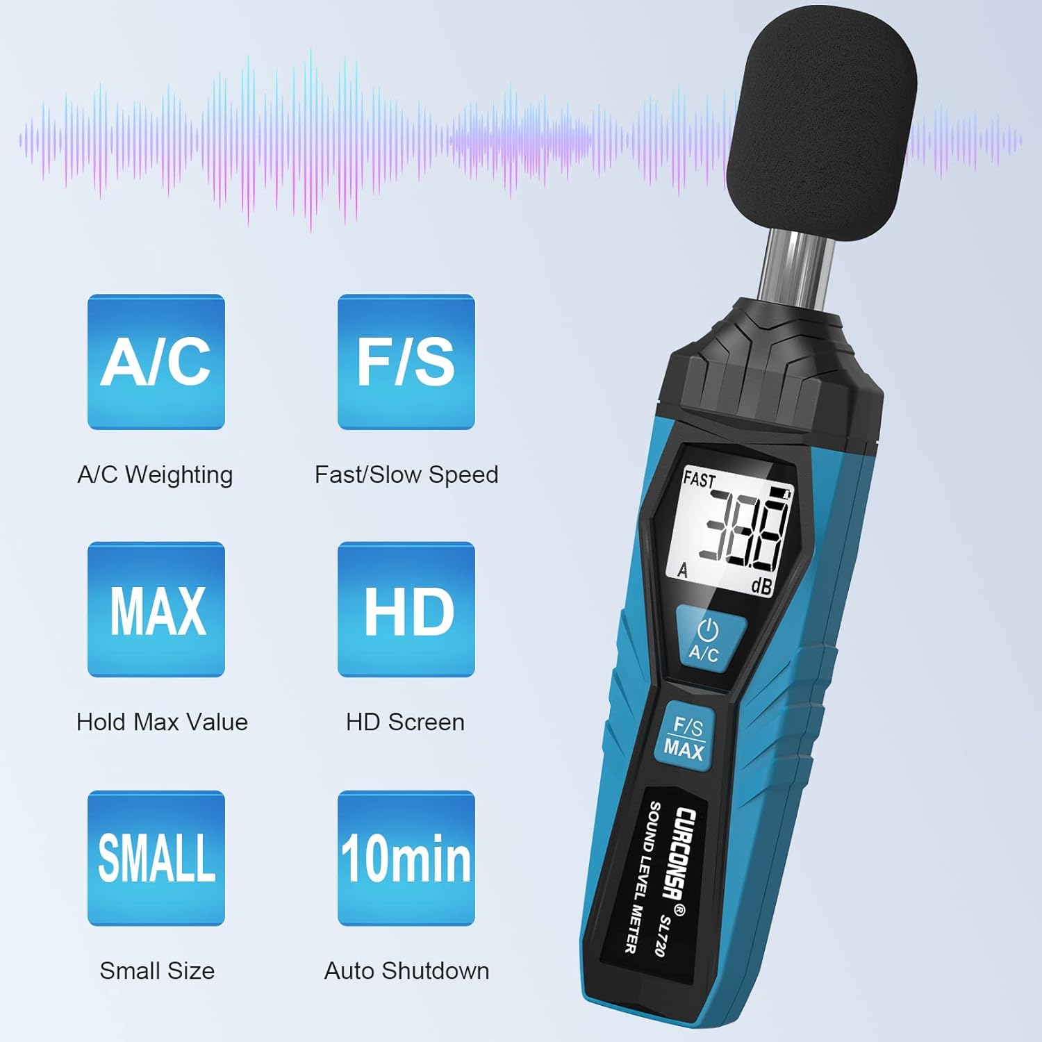Decibel Meter, CURCONSA SPL Meter, Portable Sound Level Meter, 30dB to 130dB, LCD Display, Can Be Used in Homes, Factories and Streets (Blue)