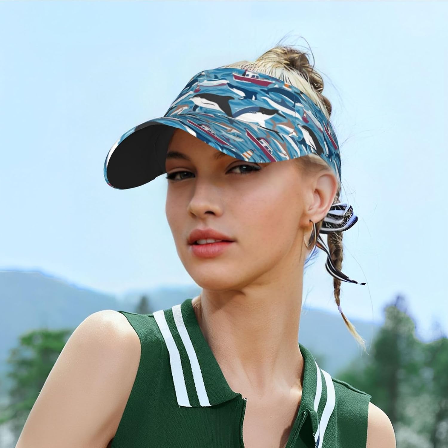 Whale Pattern Print Sun Visor Hats for Women Men Adjustable Sports Golf Running Sun Caps Black