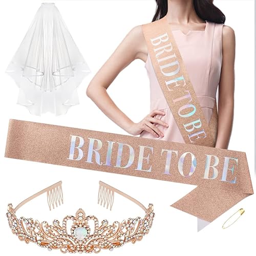 CURASA Decoración de despedida de soltera, tiara de novia para ser y novia para ser Fajín y velo, regalos de despedida de soltera para novia, tiara