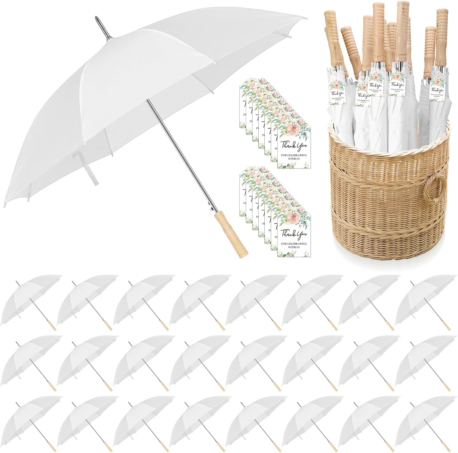 24 Pcs Wedding Umbrellas Bulk, 41 Inch Wedding Stick Umbrellas with Wooden Handle Large Canopy Windproof Rain for Bride Groom Bridal Shower Party Decor
