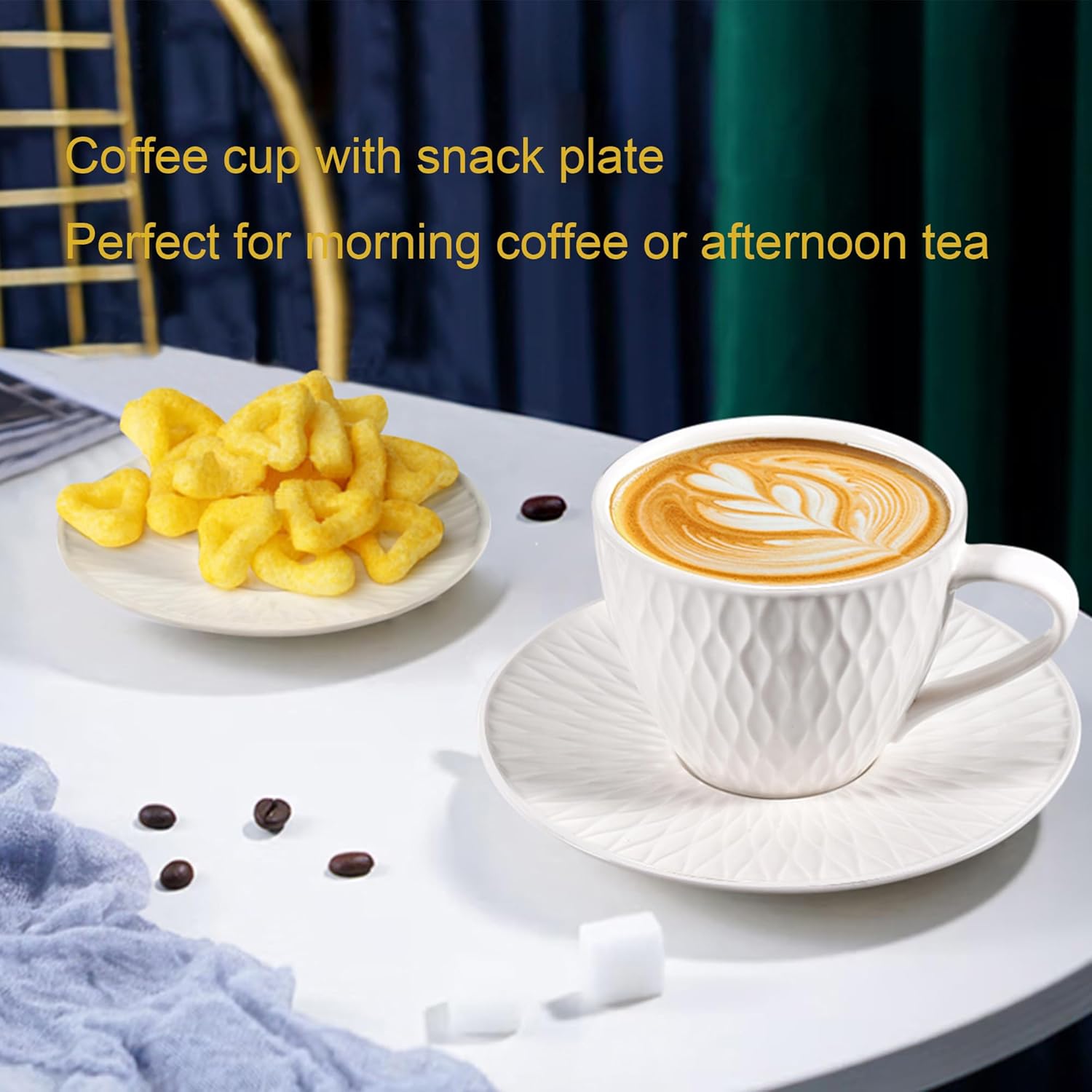 Espresso Cup and Saucer Set of 6, 6 oz Ceramic Cappuccino Barista Cup with Saucer, Stackable Coffee Mugs for Demitasse, Au Lait, Latte, Cafe Mocha, Tea, Birthday Day Thanksgiving Christmas Gift, White