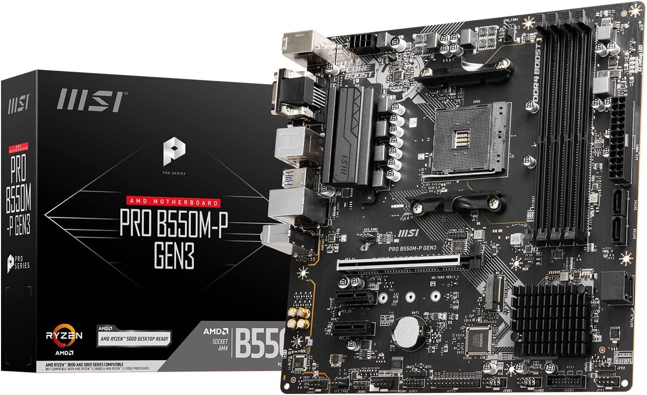 MSI PRO B550M-P GEN3 Motherboard, Micro-ATX, AM4, AMD Ryzen 5000 Ready, DDR4 Boost 4400+MHz/OC, PCIe 3.0 x16 Slot