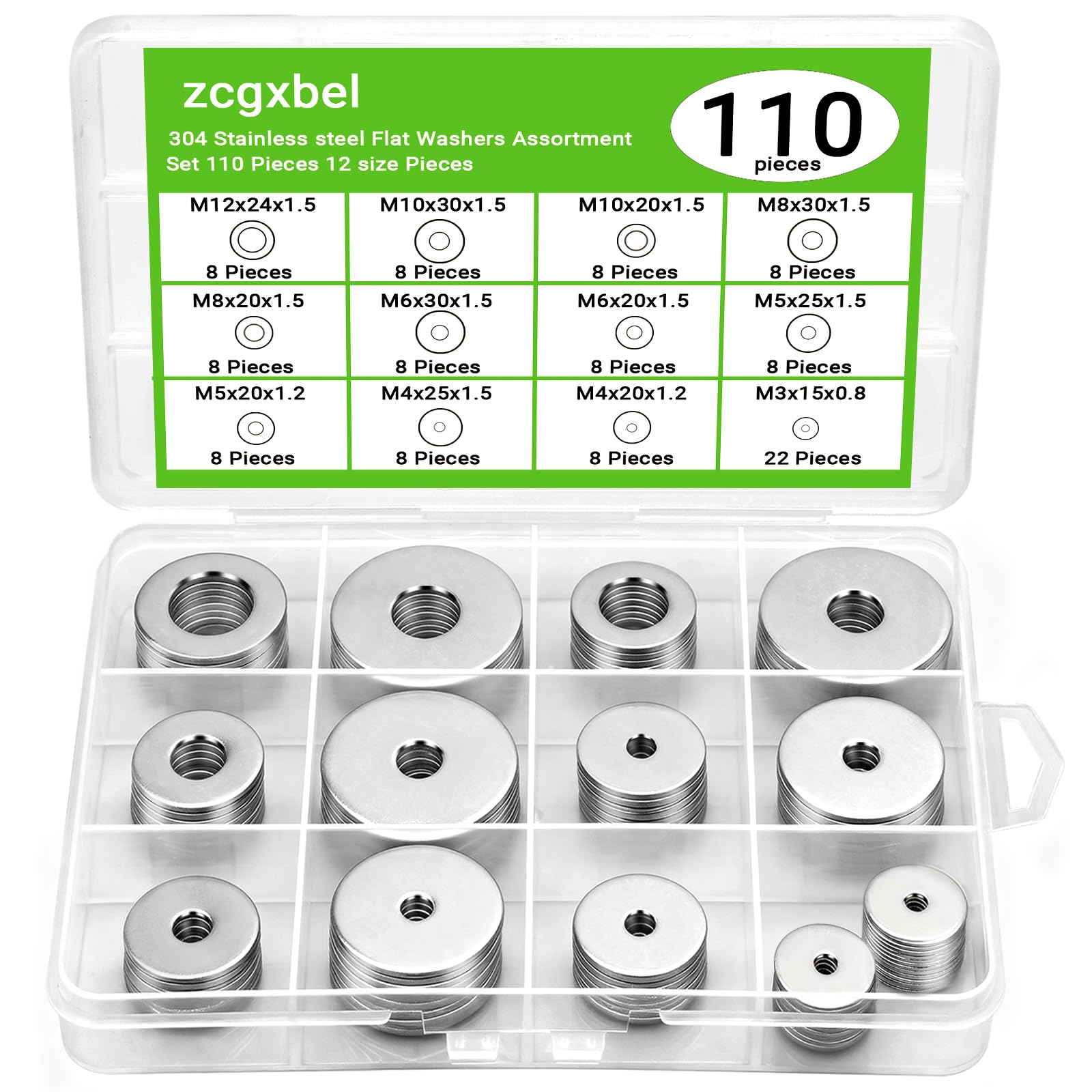 Photo 1 of 110 Pcs 304 Stainless Steel Metal Flat Washers for Screws and Bolts, Fender Washers Assortment Kit (12 Sizes M3-M12) for Automotive, Industrial & Home Use