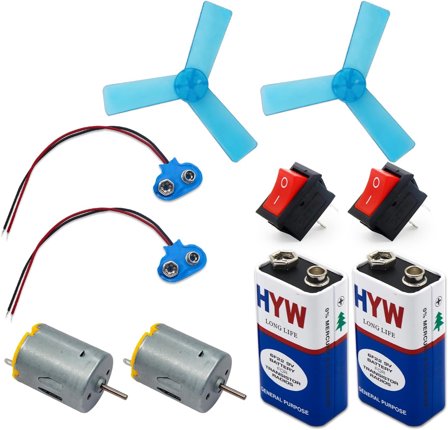 Electronic Spices Mini Electric DC Motor 3v-9v + 134mm 3 Blade Fan + 2 Pin Rocker Switch + 9V Battery and Battery Clip DIY Science Project Kit (2pcs each)