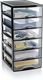 Hausfelder Schubladenbox A4 mit 6 Schubladen, Transparente Kunststoff Schubladenbox für Schreibtisch, Büro Organizer Schubladen, Aufbewahrungsbox mit Schubladen, Din A4, Stapelbar, 36,5x26x54cm