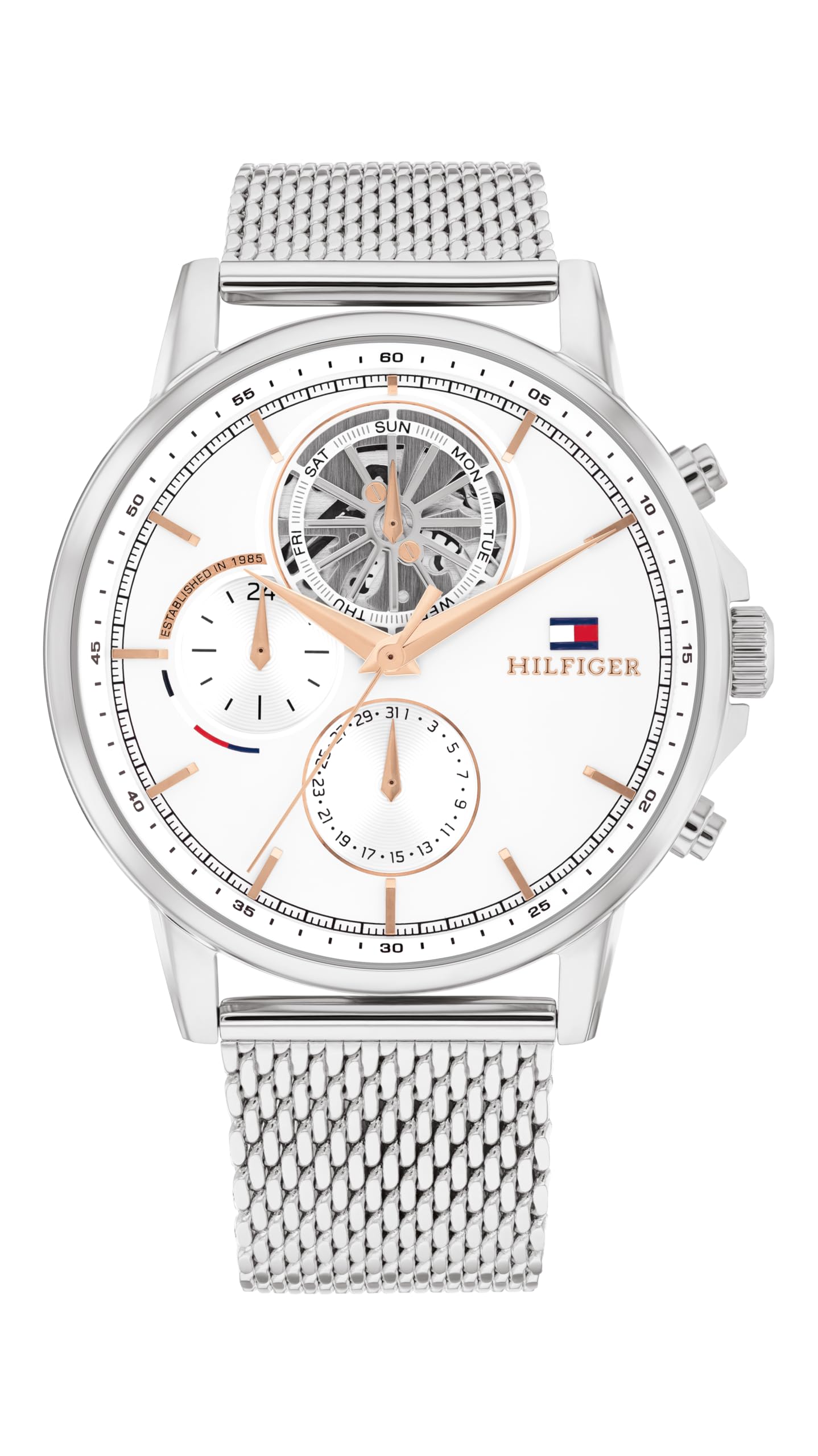 Tommy Hilfiger Analogue Multifunction Quartz Watch for Men with Silver Stainless Steel Mesh Bracelet - 1710682