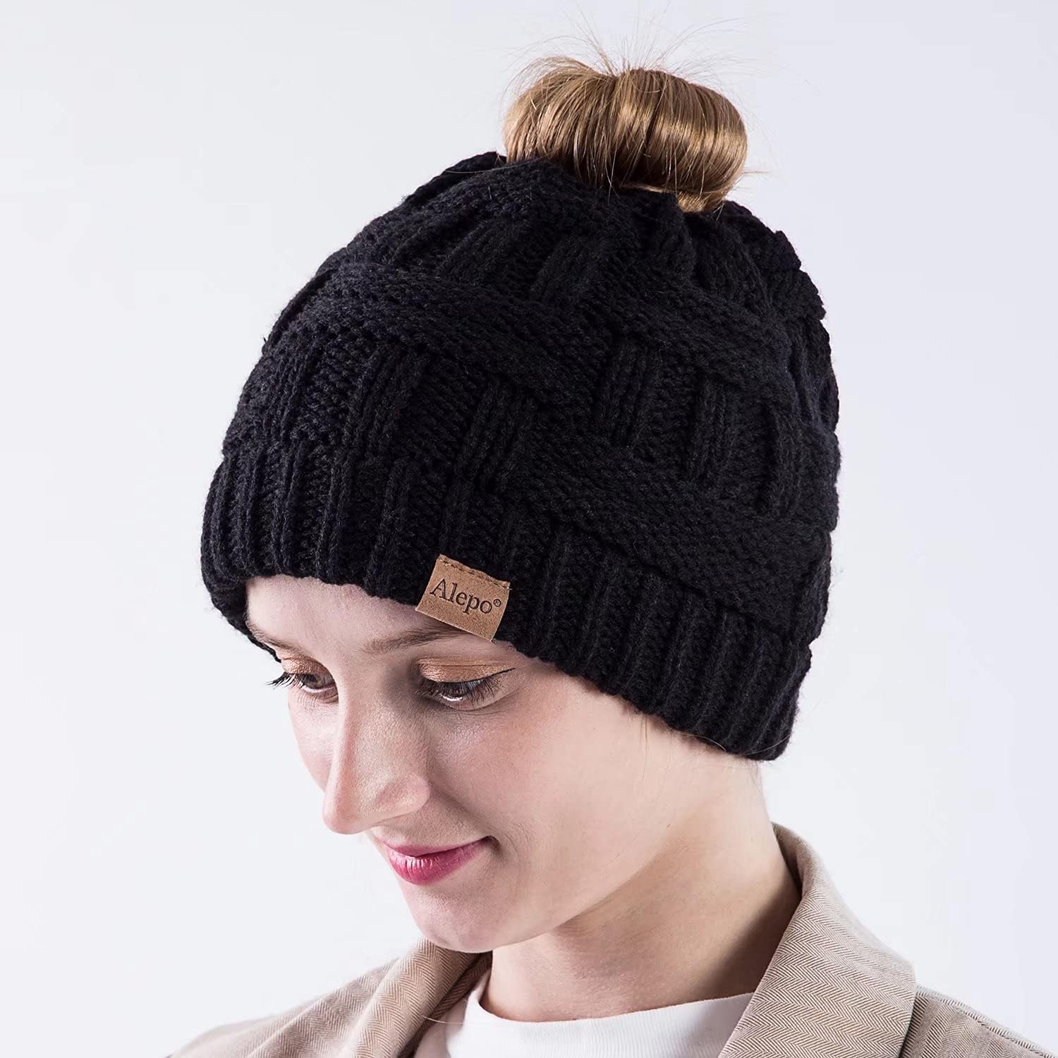 Alepo Womens High Messy Bun Beanie Hat with Ponytail Hole(Black&Burgundy)