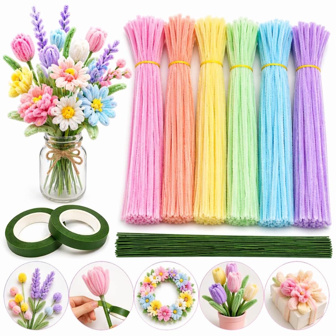 200 PCS Pastel Pipe Cleaners Craft Kit with 15 Green Floral Stems & 2 Floral Tapes, Soft Chenille Stems for DIY Flowers, Bouquets, School Projects, Home Decor & Art Crafts Flower Making-image-16