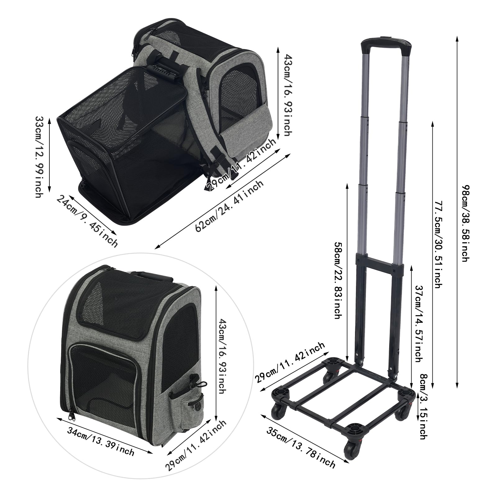 Transportbox Katze mit Rollen, Hundetransportbox,Katzenrucksack mit Trolley, 2 in 1 Transportboxen für große Katze und kleine Hunde mit atmungsaktivem Mesh,Haustier Rucksack bis 15 kg (Grau)
