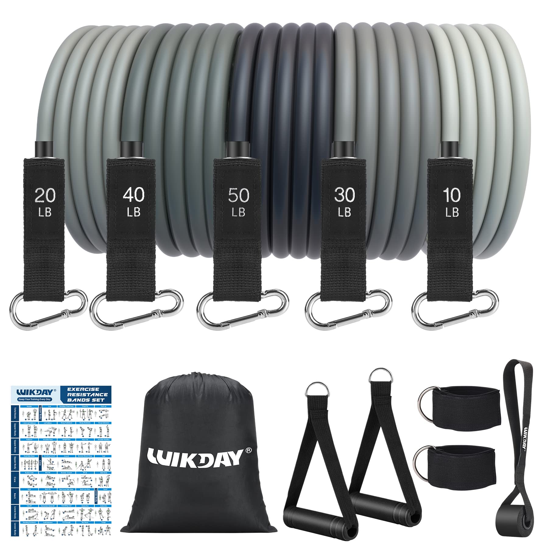 WIKDAYExercise Resistance Bands with Handles for Working Out, 150/200/250/300 lbs Workout Bands Set with Door Anchor for Physical Therapy, Yoga, Pilates