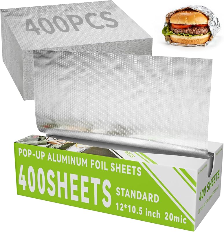 Aluminum Foil Sheets, 400 Count Tin foil,12" x 10.5" Pre-Cut Pop-Up Dispenser for Food Wrap, Hot Dog or Sandwich Wrap,Food Storage, Baking, Catering, Restaurant,Kitchen Use