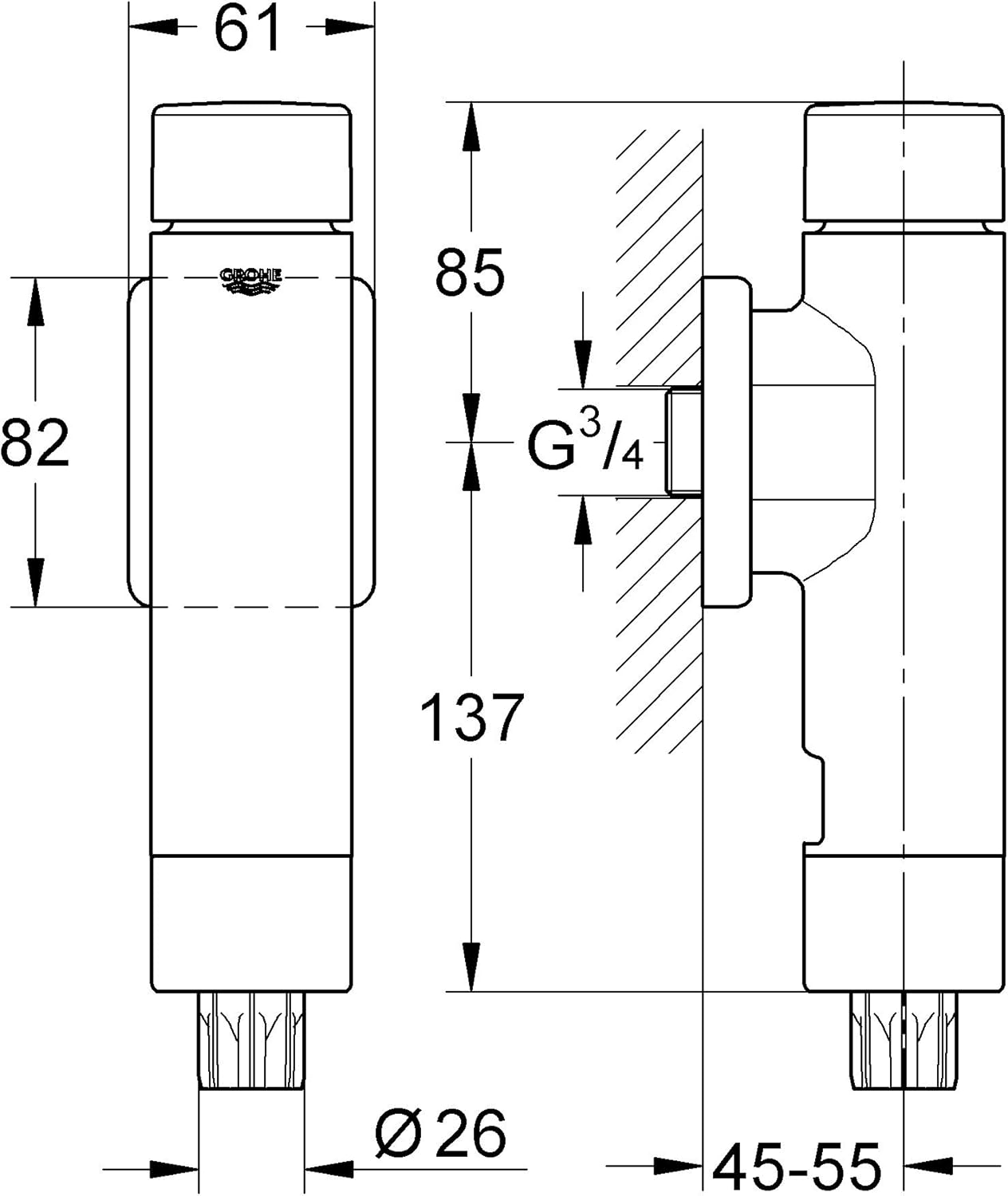 Technical drawing with dimensions for GROHE 37349000 Exposed WC Flush Valve