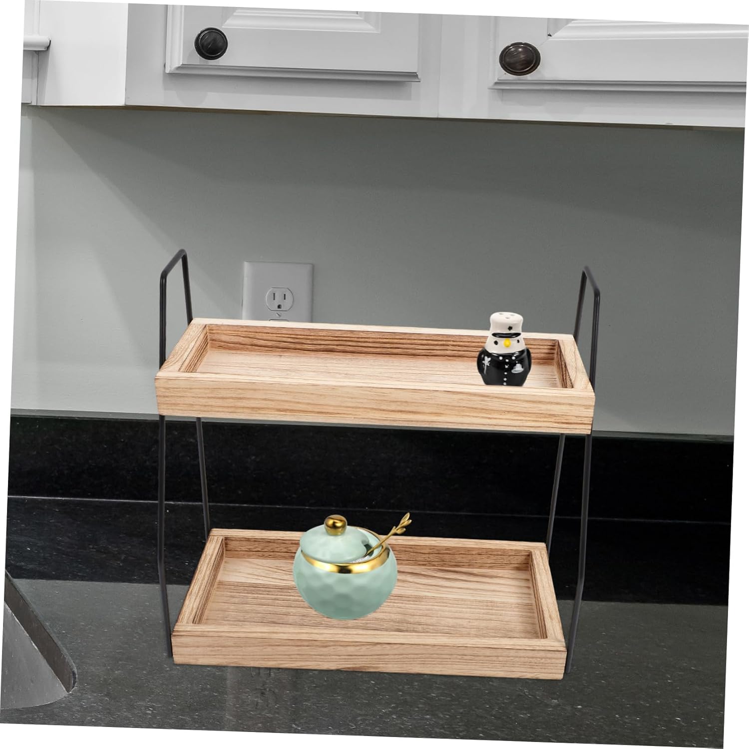 VICASKY Double Wooden Storage Rack with Iron Frame Countertop Spice Organizer for Kitchen and Bathroom Multi Purpose Coffee Bar Shelf for Toiletries and Makeup and Space Saving Design