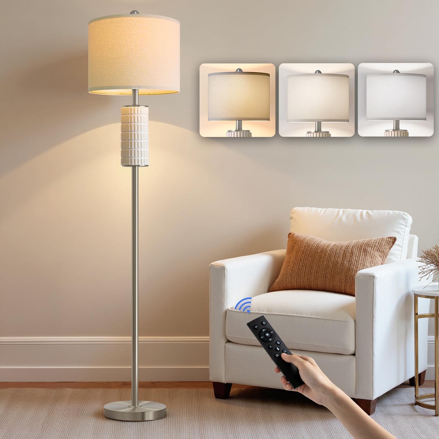 PoKat Ceramic Floor Lamps with Remote, 64" Modern Floor Lamps for Living Room with Stepless Dimmable Colors Temperature, Tall Standing Lamp for Living Room Bedroom Office, 9W Bulb Included, Silver