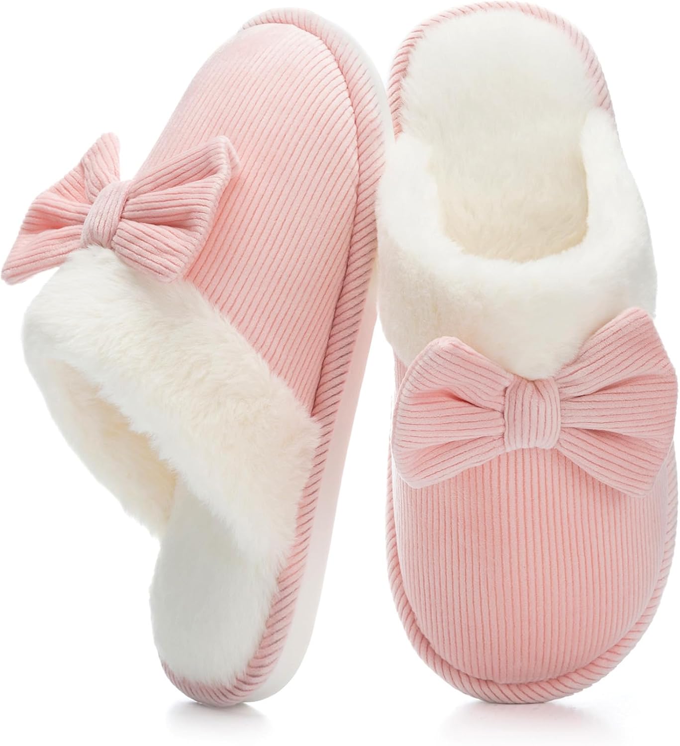NineCiFun Womens Bow Scuff Slippers Corduroy Plush Faux Fur Lining Memory Foam Non Slip Indoor Outdoor House Shoes