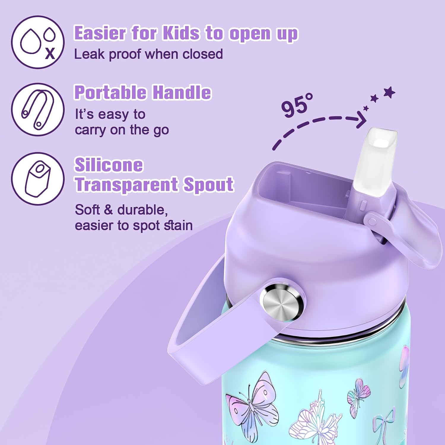 Bevalsa Kids Backpack for Girls with Insulated Water Bottle, Purple Cute Bookbag for Girls Kid, 14oz Termos Kids Water Bottle, Insulated Lunch Bag & Pencial Case, Back To School Gift (Butterfly)