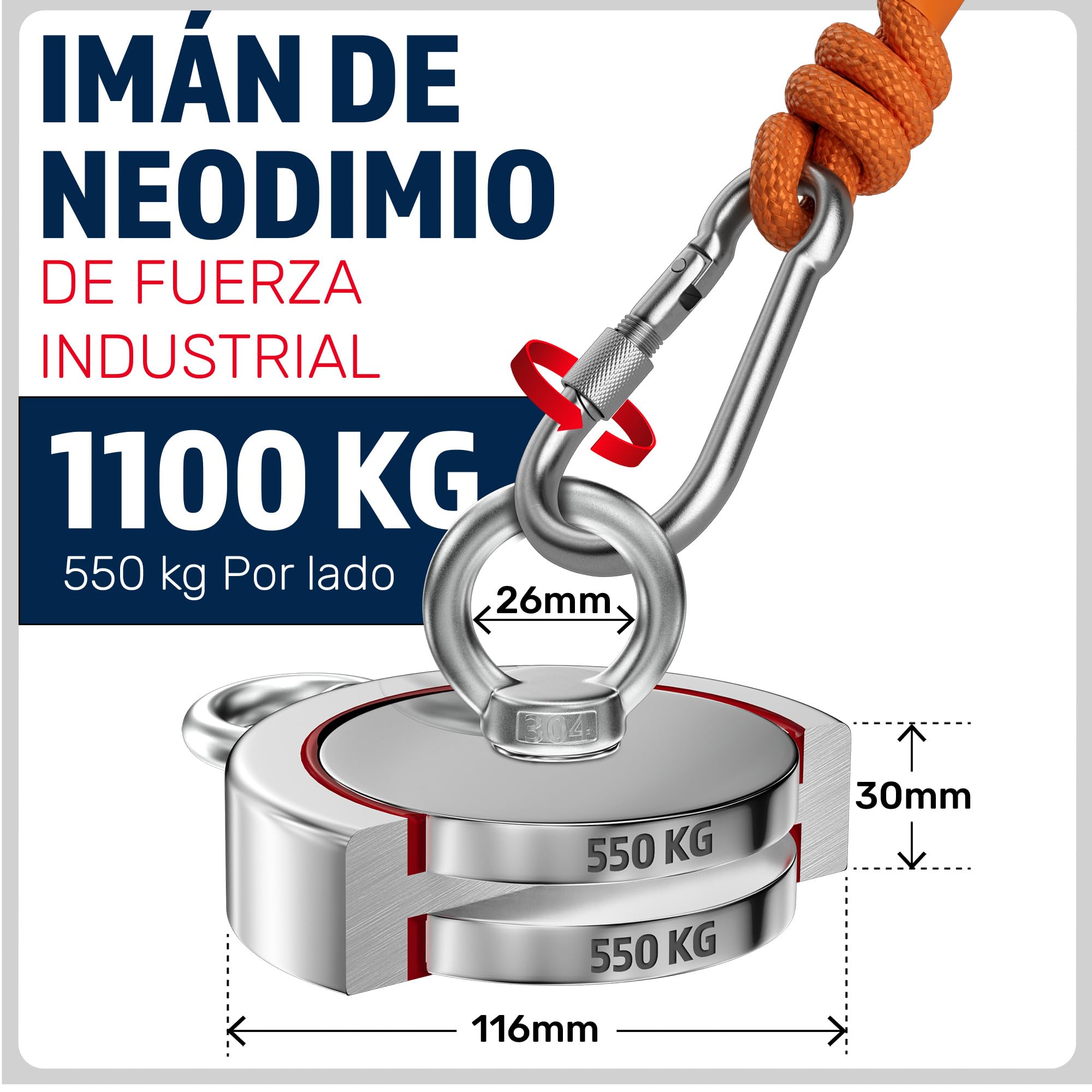 MAGFISHION Juego de Pesca Magnética - Fuerza de Atracción 1100KG (2500lb) - Ø116mm - Imanes Neodimio Potentes con Cuerda (20M) & Guantes- Iman de Neodimio