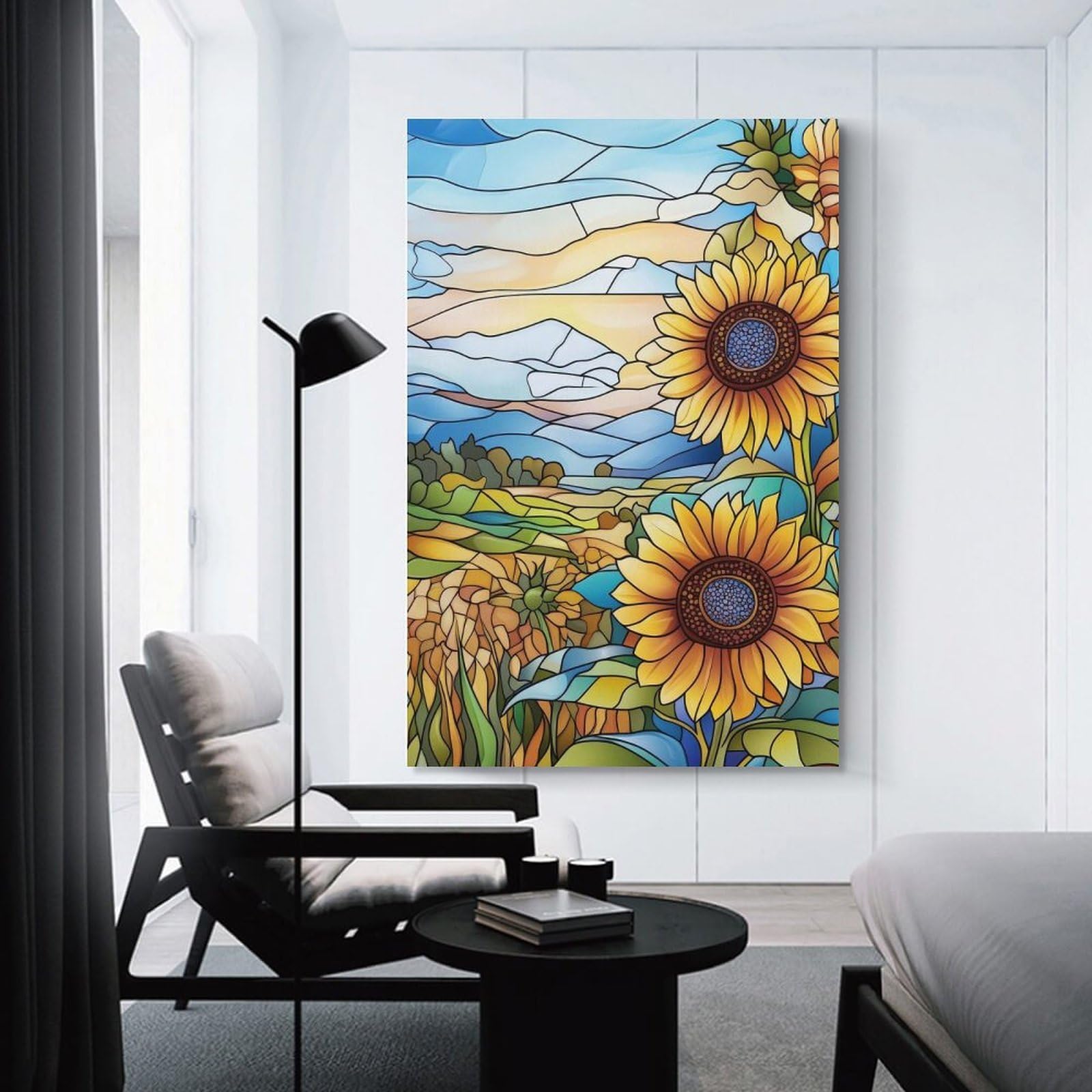 Junmoney Canvas Wall Art Stained Glass Sunflowers, 20x30inch(50x75cm), for Bedroom, Guest Room Or Reading Nook, Canvas Wall Decor for Personal Spaces