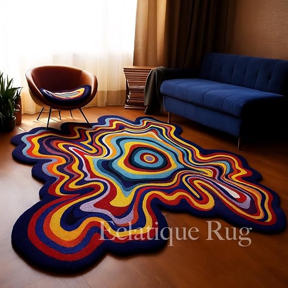 Irregular Shaped Throw Rug Illusion Pattern Hand-Tufted 100% Wool Handmade Area Rug - 90 x 90 cm - Multicolor