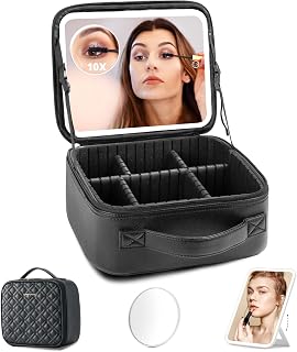 Makeup Bag with Mirror Led Light Detachable Portable Make up Travel Train Case with Adjustable Dividers and 10x Magnifying Mirror Black