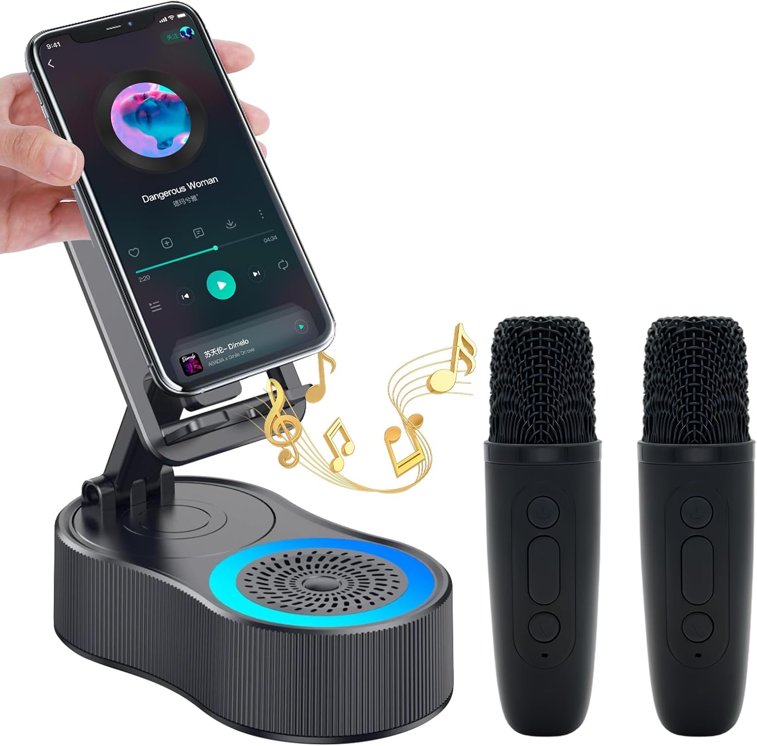 Gifts for Men Women,Cell Phone Stand with Wireless Bluetooth Speaker,Colorful Ambient Light 360° Foldable for Tablet iPhone Android 2 Wireless Microphones HD Surround Sound (Black) Gifts for Men Women,Cell Phone Stand with Wireless Bluetooth Speaker,Colorful Ambient Light 360° Foldable for Tablet iPhone Android 2 Wireless Microphones HD Surround Sound (Black)