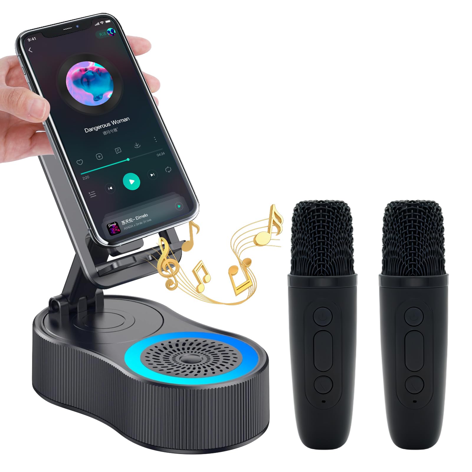 Arindar Gifts for Men Women,Cell Phone Stand with Wireless Bluetooth Speaker,Colorful Ambient Light 360° Foldable for Tablet iPhone Android 2 Wireless Microphones HD Surround Sound (Black)