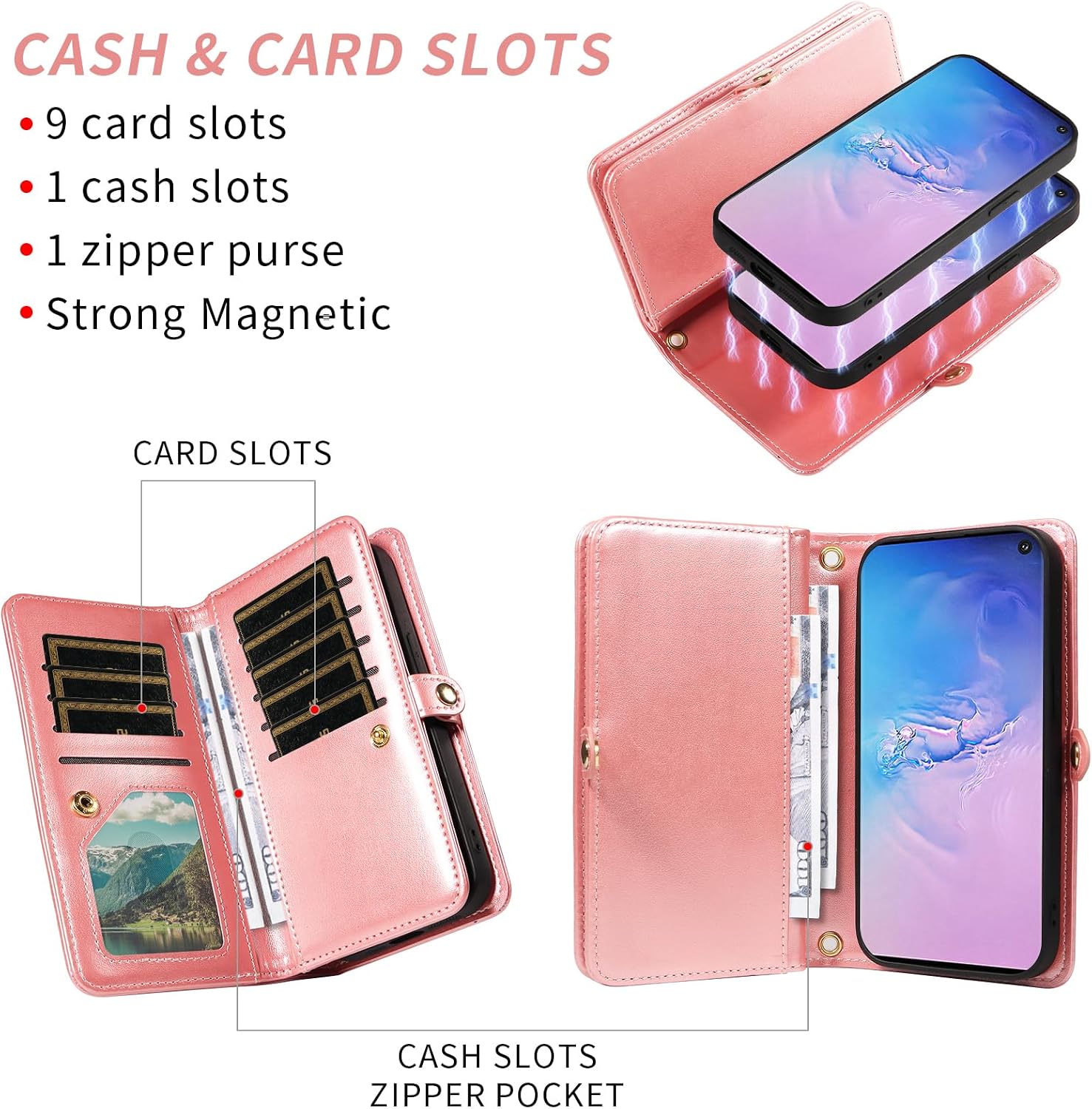 Asuwish Phone Case for Samsung Galaxy S10 Zipper Wallet Magnetic Detachable Cell Cover with Tempered Glass Screen Protector Crossbody Strap Flower Card Holder S 10 Edge 10S GS10 X10 Women Rose Gold