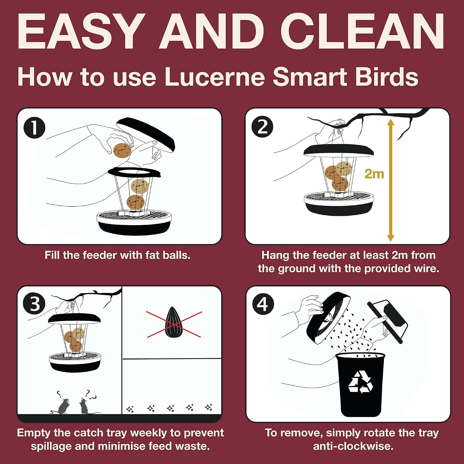 SWISSINNO Bird Feeders - No Mess Fat Ball/Suet Feeder for Outdoors Hanging - Smart Birds Lucerne Spill Proof Wild Cardinal Bird Feeder with Integrated Seed Catcher Tray - Burgundy
