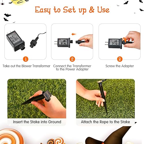 Miniatura 5 de Tangkula Farol inflable de calabaza de 5.2 pies para Halloween, con bombillas LED internas, tela de poliéster 190T y ventilador impermeable,