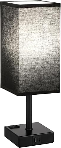 Black Lamp for Bedroom-Touch Lamp with USB-C+A and AC Outlets,3 Way Bedside Nightstand Square Table Lamp for Kids, Guest Room Living Rroom,Office, 800 Lumens 5000K Daylight Bulbs Included