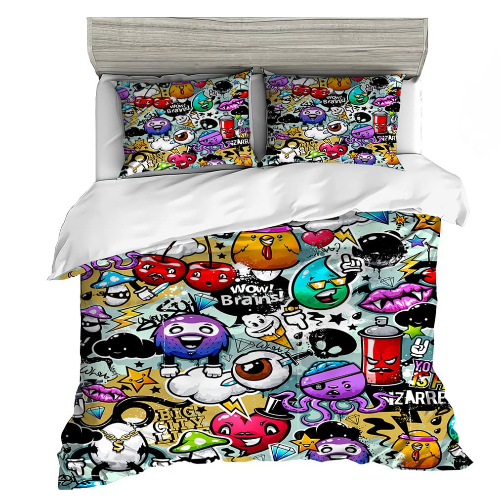 Loussiesd Hippie Graffiti-stijl beddengoedset, tieners, hiphopdecoratie, dekbedovertrek voor kinderen, jongens, meisjes, dekbedovertrek met graffiti- patroon, straatcultuurcollectie, 2-delig