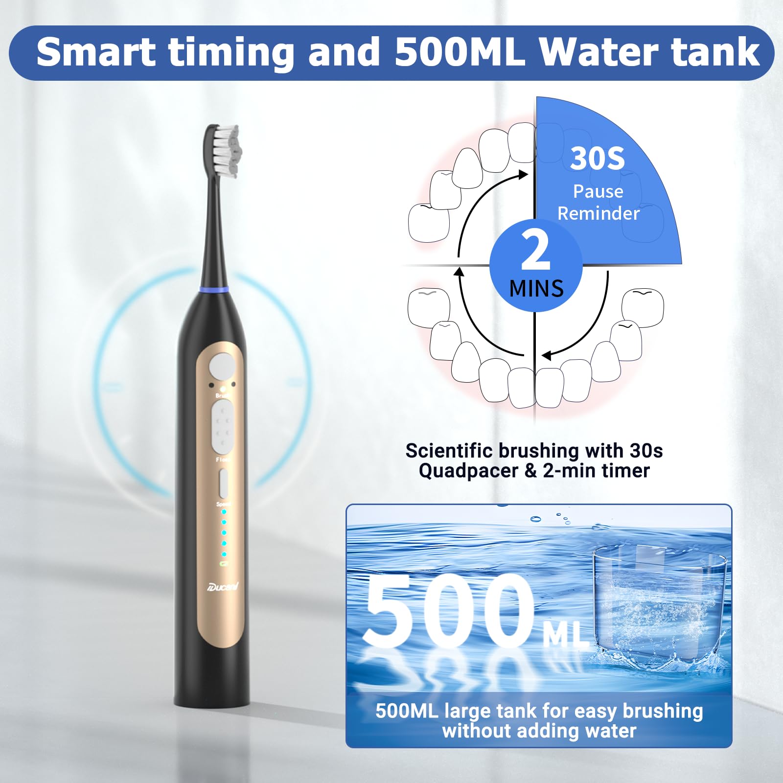 Spazzolino elettrico con filo interdentale, set di spazzolini da denti con 3 spazzole + 1 ugello, 5 velocità del filo interdentale e 3 modalità di spazzolatura, serbatoio da 500 ml, batteria da 30