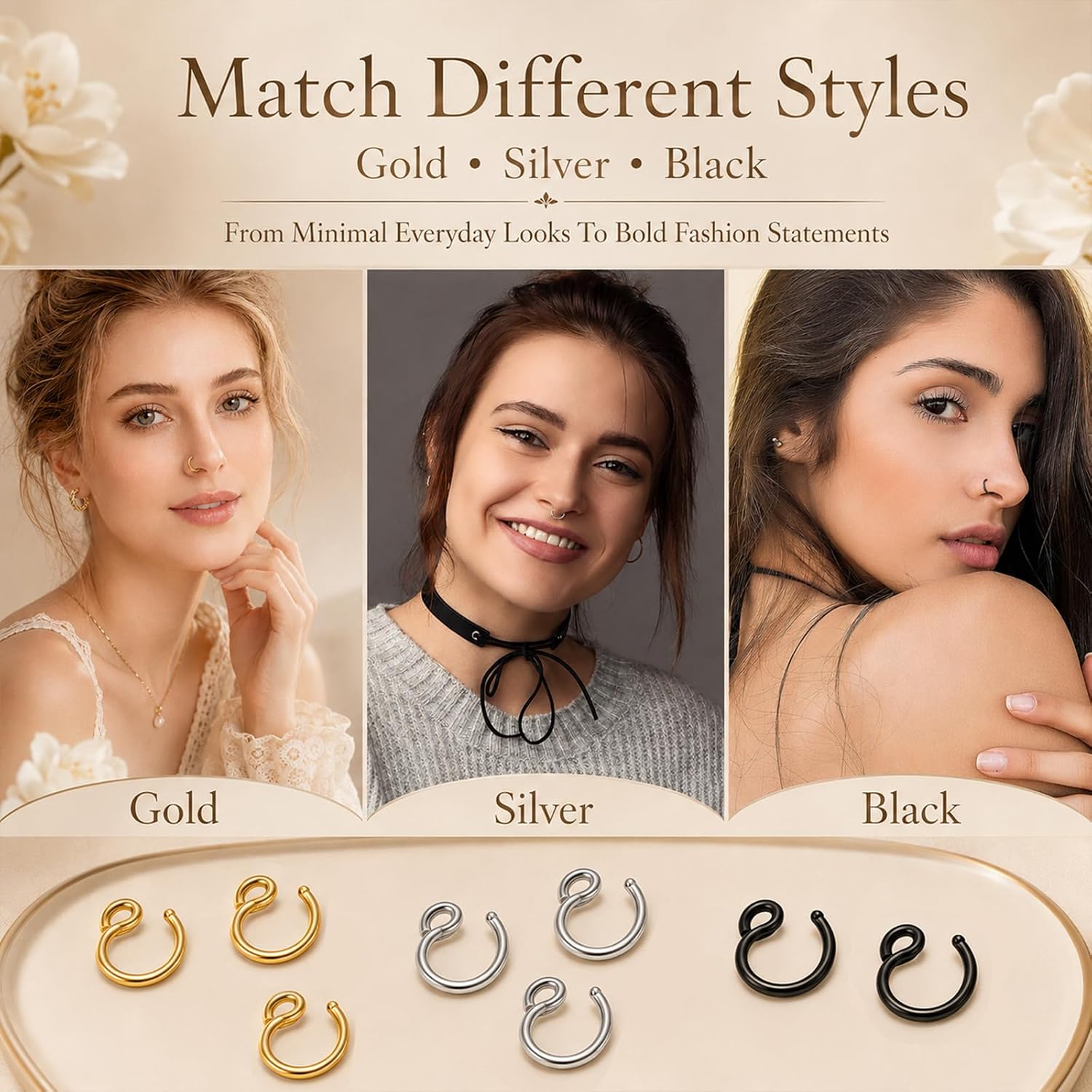 DIVINA VITAE 9 Pcs Faux Nose Piercing 20G Fake Nose Ring Hoop 8mm Clip On Non Piercing Lip Rings Stainless Steel No Pierced for Women Men Silver Gold Black